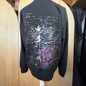 French Laundry Zip Up Hoodie Womens XL Black Rose Graphic Script Studded Pockets